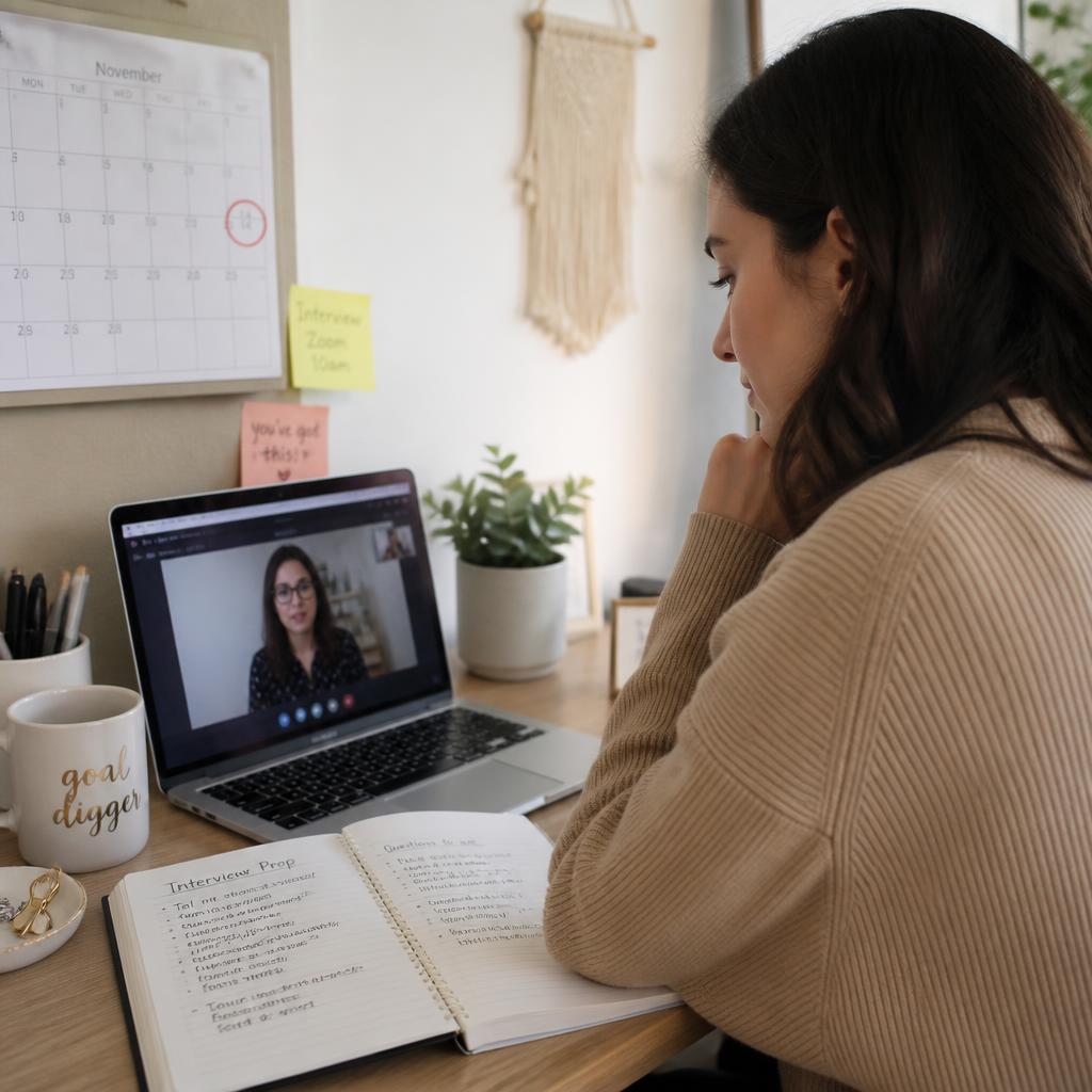 Illustration of a woman at her desk preparing for a video interview, notes open and a question mark above her
