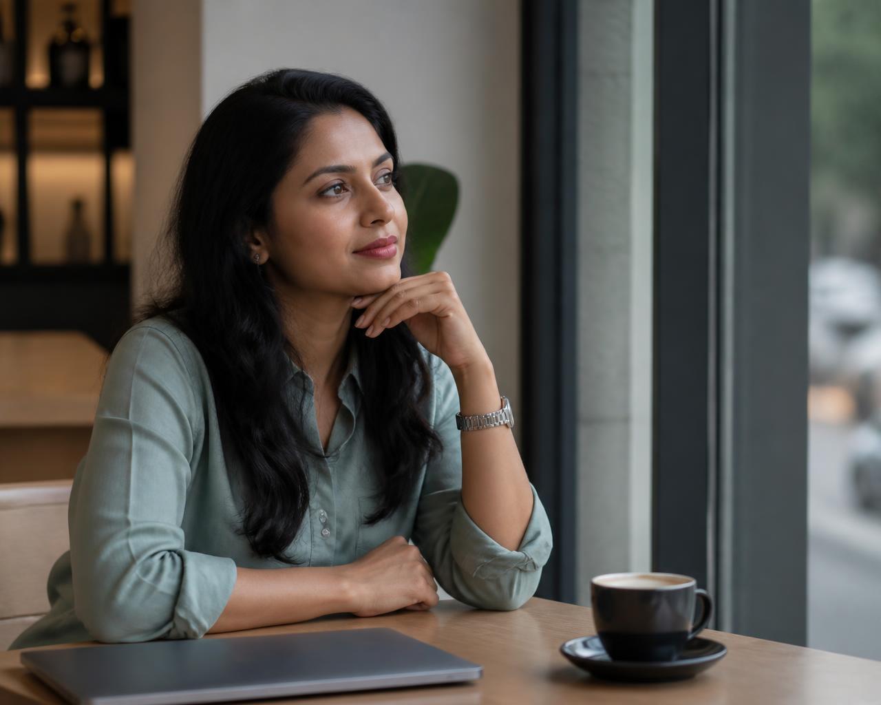 A woman by a window with her laptop closed, thinking about switching careers