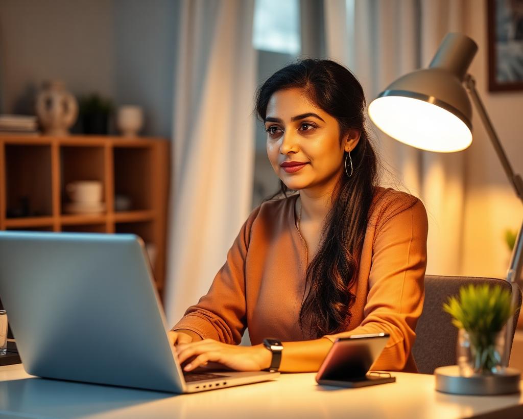 A working professional at her desk at home in the evening